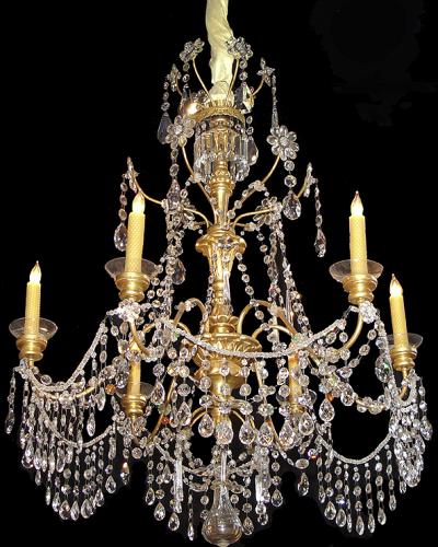 A 19th Century 6-Light Genovese Parcel-Gilt and Crystal Chandelier No. 3258
