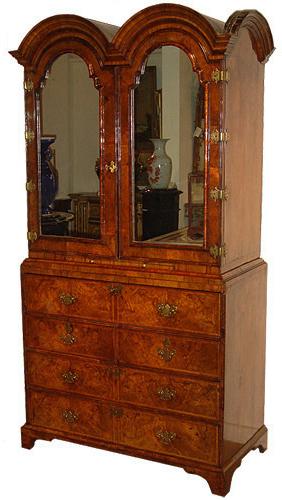 A Rare and Important 18th Century Burl Walnut Double Domed Queen Anne Linen Press Bureau Cabinet No. 3321