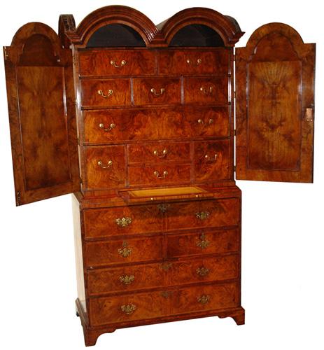 A Rare and Important 18th Century Burl Walnut Double Domed Queen Anne Linen Press Bureau Cabinet No. 3321