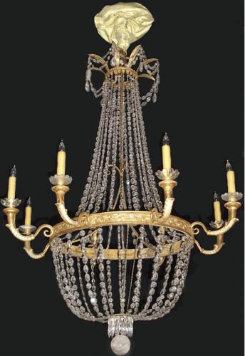 A Second Quarter 19th Century Italian Empire Crystal and Gilt Metal 8-Light Chandelier No. 3356