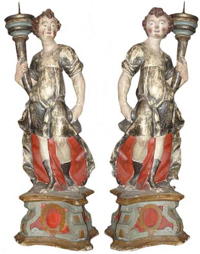 A Pair of 18th Century Polychrome and Parcel-Gilt Angelo Torchères No. 3496