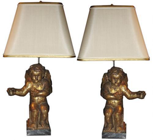 A Pair of 18th Century Italian Silver-Gilt Carved Angels now Electrified as Lamps No. 1497