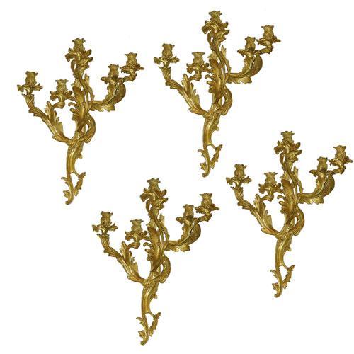 A Set of Four 19th Century Rococo Gilt Bronze 5-Light Appliqués No. 2278