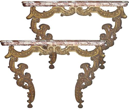 A Pair of Italian 18th Century Two-Legged Giltwood Consoles No. 3744