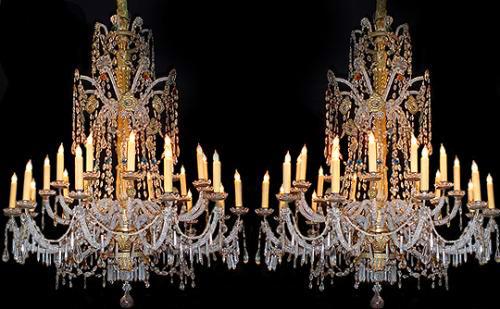 A Rare 18th Century Pair of 21-Light Genovese Parcel-Gilt and Crystal Chandeliers No. 2659