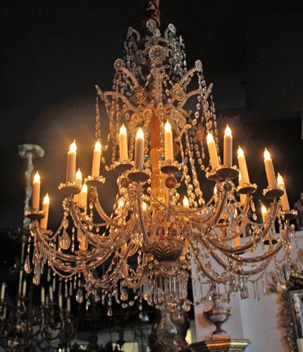 A Rare 18th Century Pair of 21-Light Genovese Parcel-Gilt and Crystal Chandeliers No. 2659