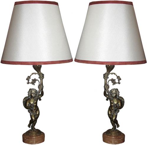 An Unusual Pair of 19th Century Italian Gilded Bronze Putti Candlesticks No. 3843