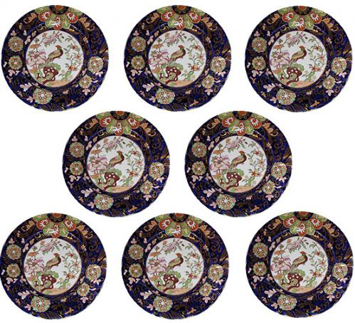 A 19th Century Set of Eighteen Hand-Painted English Ironstone Plates and Serving Platter No. 3795