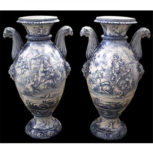 A Palazzo Scaled Pair of Blue and White “Idras” Urns No. 3923