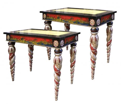 An Incomparable Pair of 18th Century Venetian Chinoiserie Lacquered and Silver Gilt Console Tables No. 3932