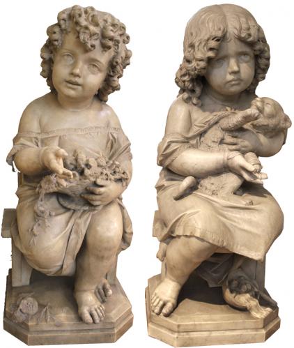 A 19th Century Pair of Carrara Marble Statues, “Joy and Sadness” Signed by Milanese Master Sculptor Antonio Tantardini No. 2601
