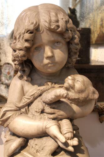 A 19th Century Pair of Carrara Marble Statues, “Joy and Sadness” Signed by Milanese Master Sculptor Antonio Tantardini No. 2601