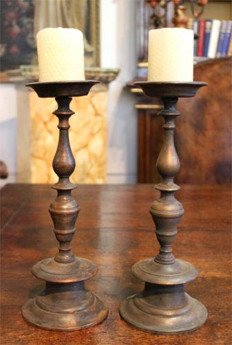 A 17th Century Diminutive Pair of Italian Brass Candlesticks No. 3877