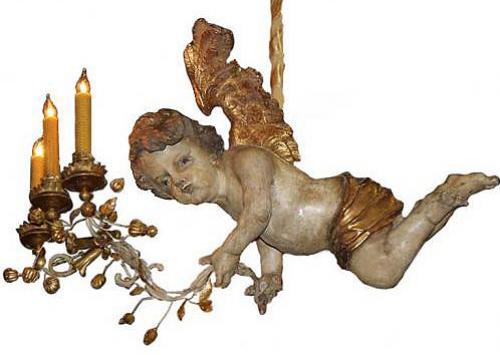 A Whimsical 18th Century Three-Light Italian Polychrome and Parcel-Gilt Angel Chandelier No. 4004