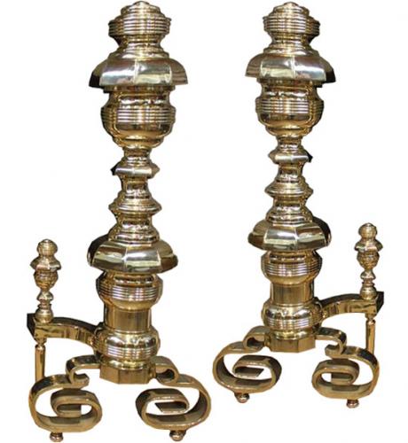 A Pair of Palazzo Scaled 19th Century Solid Brass Andirons No. 4015