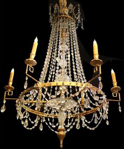 A Simply Elegant 18th Century Italian Louis XVI Six-Light Bronze Doré and Crystal Chandelier No. 4053