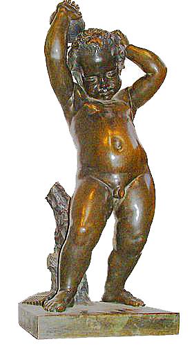A Playful 19th Century Bronze Bacchant Putto Wearing a Grapevine Wreath on His Head No. 2389