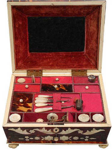 An English Regency 19th Century Tortoiseshell, Bone, Mother-of-Pearl, Abalone, and 925 Sterling Silver Sewing Box No. 4212