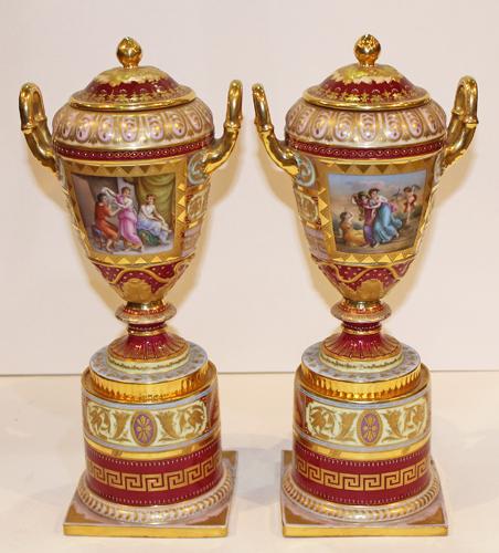A 19th Century Pair of Hand-Painted Royal Vienna Porcelain Lidded Urns No. 3777