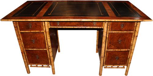 An Exotic 19th Century English Import Bamboo and Walnut Pedestal Desk No. 4258