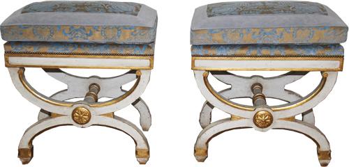 A Sophisticated Pair of 19th Century Italian Polychrome and Parcel-Gilt Curule Benches No. 4279