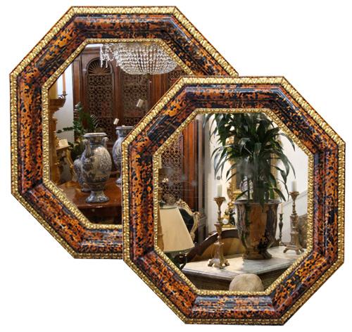 A Rare Pair of 18th Century Octagonal Italian Transitional Baroque to Rococo Tortoiseshell Mirrors No. 4292