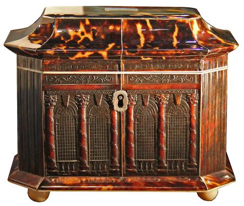 An Early 19th Century George III Pagoda-Top Pressed Tortoiseshell Double Tea Caddy No. 4222