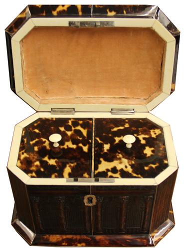 An Early 19th Century George III Pagoda-Top Pressed Tortoiseshell Double Tea Caddy No. 4222