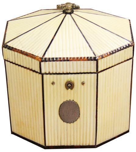 A Late 18th Century Octagonal Ridged Bone Tented Top Tea Caddy No. 4224