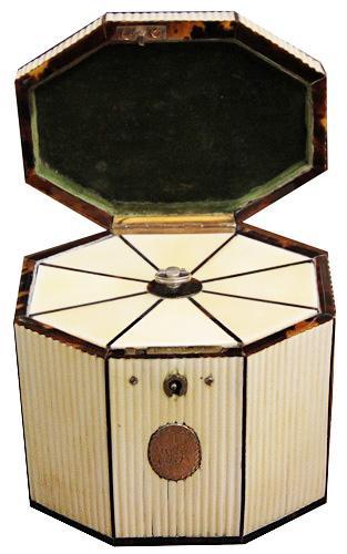 A Late 18th Century Octagonal Ridged Bone Tented Top Tea Caddy No. 4224