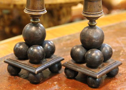 An Unusual Pair of French Bronze and Brass “Canon” Candlesticks No. 4319