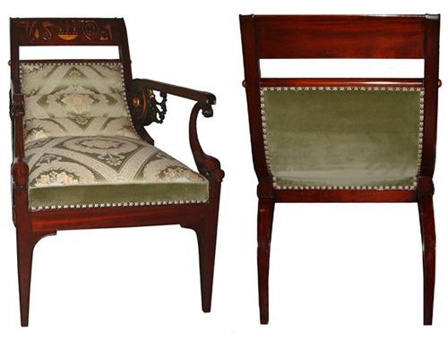 An Unusual Pair of Prussian 19th Century Mahogany Parcel-Gilt and Polychrome Egyptian Revival Armchairs No. 2775