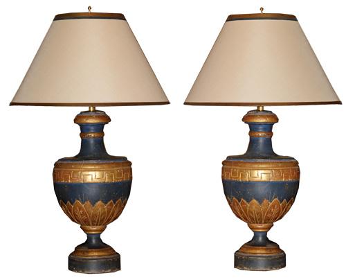 A Pair of 19th Century Giltwood and Blue Polychrome Urn Lamps No. 4402