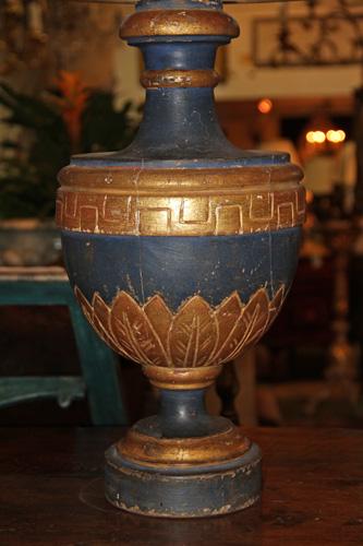 A Pair of 19th Century Giltwood and Blue Polychrome Urn Lamps No. 4402