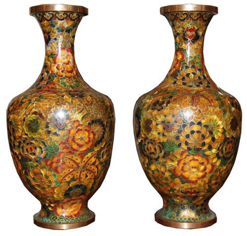 A Pair of Vintage Chinese Enamel and Copper Cloisonné Vases No. 4385