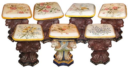 A Set of Seven 19th Century Hand Painted Florentine Glazed Terra Cotta Stools No. 4445