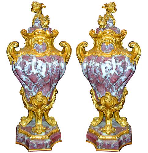 A Pair of Italian Louis XIV Style Rouge and White Marble Urns No. 123