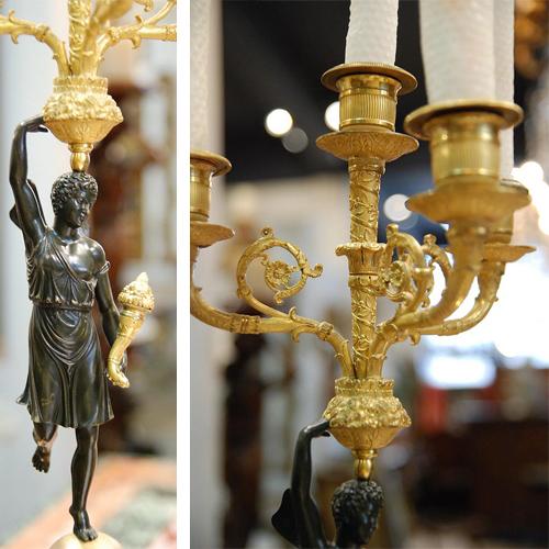 A Pair of 19th Century Italian Neoclassical Gilt & Patinated Bronze Winged Figural Candelabras No. 1057