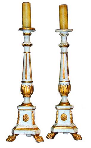 An 18th Century Pair of Italian White Polychrome and Parcel-Gilt Large Candlesticks No. 1048