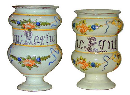 A Harlequin Pair of 18th Century Majolica Albarelli Parlante No. 2213