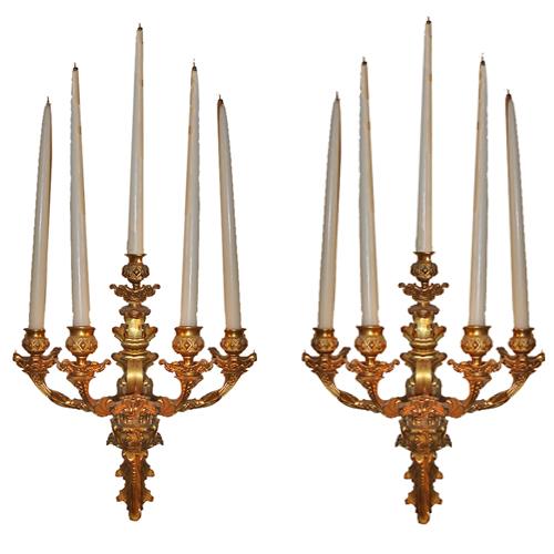 A Pair of 19th Century Gilt Bronze Five-Light Wall Sconces No. 238