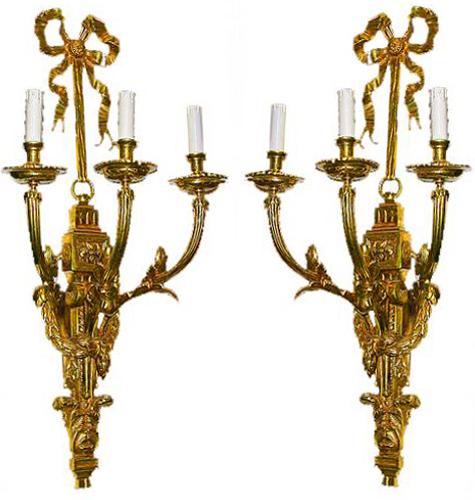 A Pair of 19th Century French Gilt-bronze Louis XVI Style Three-Arm Wall Appliqués No. 193