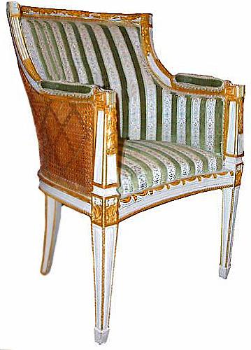 An Elegant 18th Century Italian Louis XVI Parcel-Gilt and Polychrome Boudoir Chair No. 2552