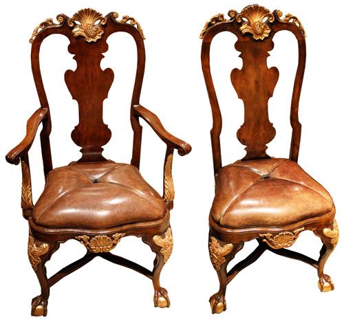 A Set of Four Antique Walnut Portuguese Dining Chairs with Gilt Accents No. 1828