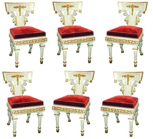 A Rare Set of Six 19th Century Neoclassic Russian Polychrome and Parcel-Gilt Side Chairs No. 1504