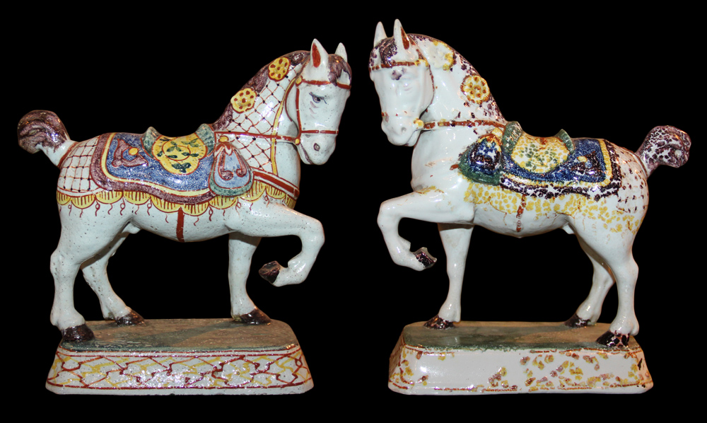 A 19th Century English Pair of Delft Porcelain Parade Horses No. 1097
