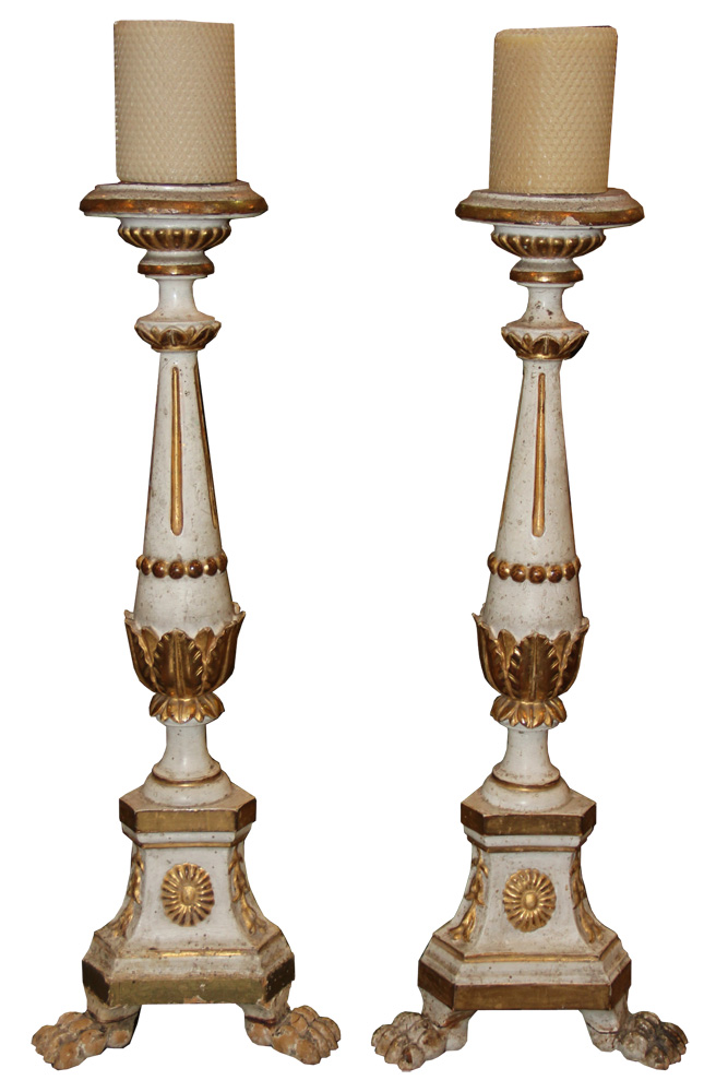 A Pair of 18th Century Italian White Polychrome and Parcel-Gilt Candlesticks No. 1098