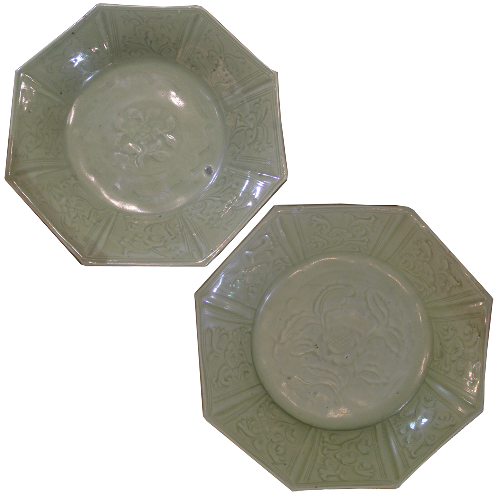 A Pair of 18th Century Chinese Octagonal Carved Celadon-Glazed Dishes No. 1429