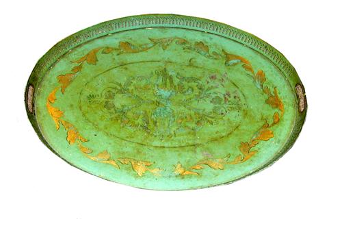 A 19th Century Green Painted Tole Oval Tray No. 384