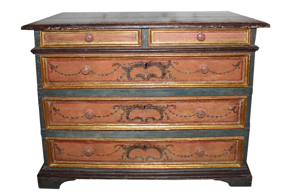 An Italian Early 18th Century Hand-Painted Polychrome and Parcel-Gilt Canterano Commode No. 1538